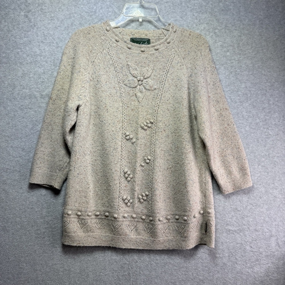 Woolrich LambsWool Sweater Womens Medium 9646 Stone Donegal Speckle 3D Flower